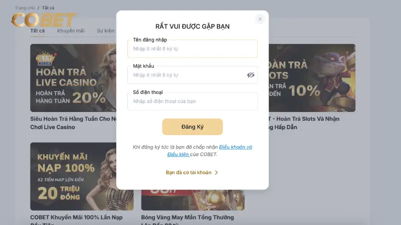 Hướng dẫn tạo tài khoản Cobet nhanh chóng
